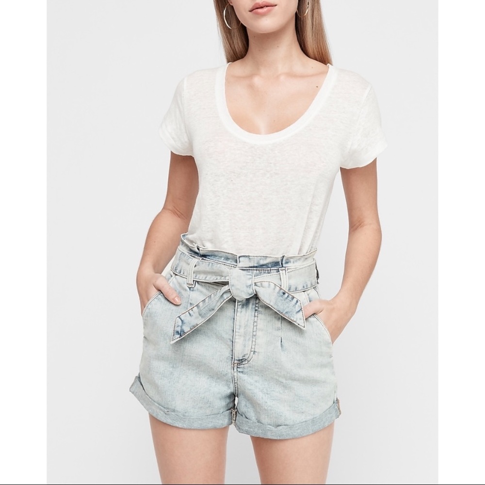 EXPRESS High Waisted Tie Paperbag Jean Shorts